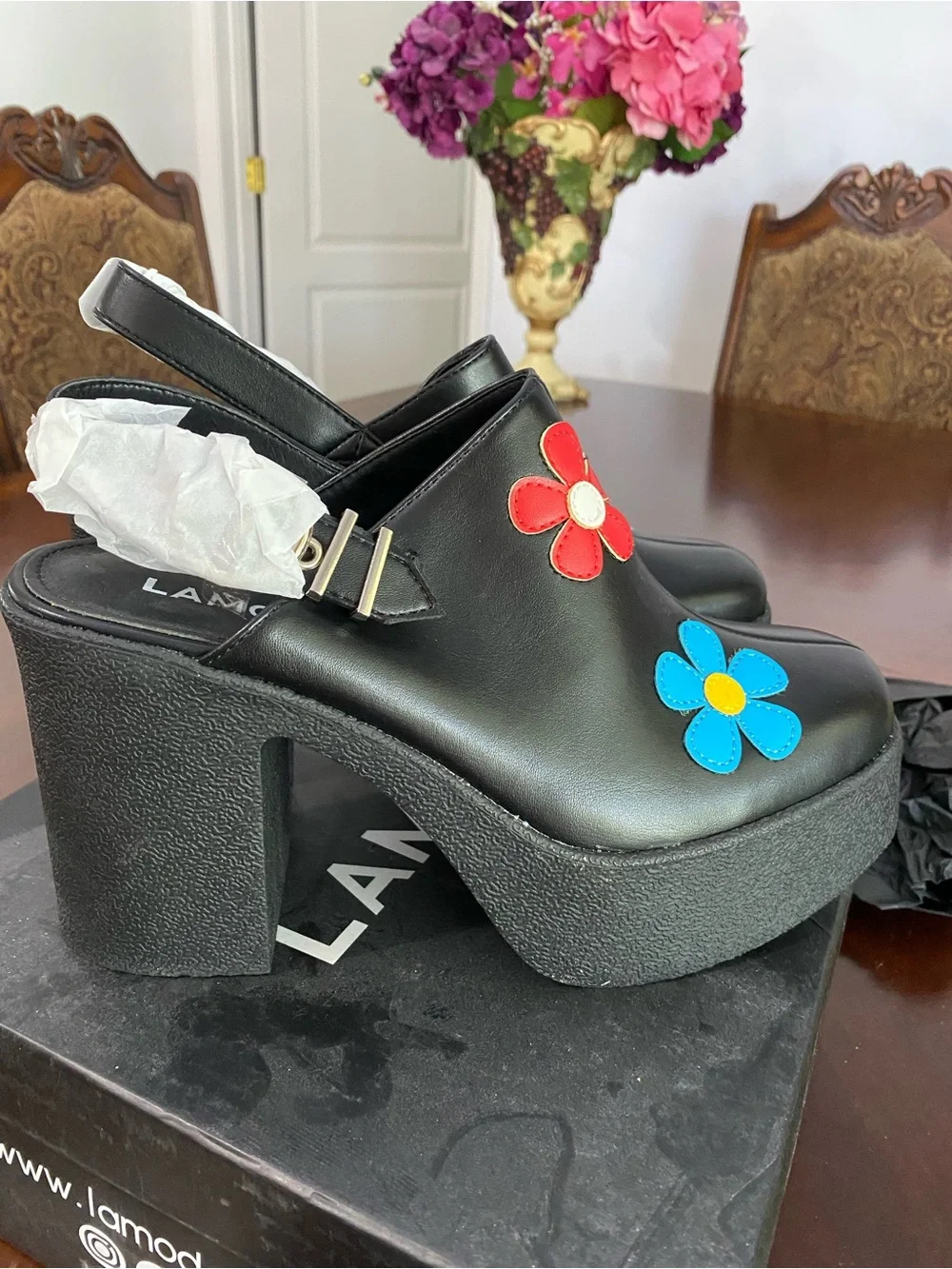 Black Platform Mary Janes with Blue & Red Floral Accents
